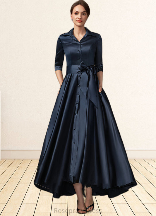 Sarah A-Line V-neck Asymmetrical Satin Mother of the Bride Dress With Bow(s) Pockets SRS126P0014879