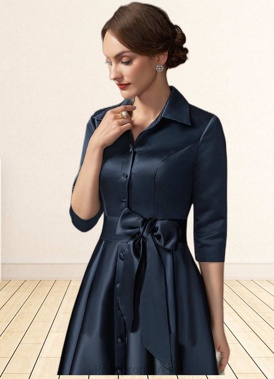 Sarah A-Line V-neck Asymmetrical Satin Mother of the Bride Dress With Bow(s) Pockets SRS126P0014879