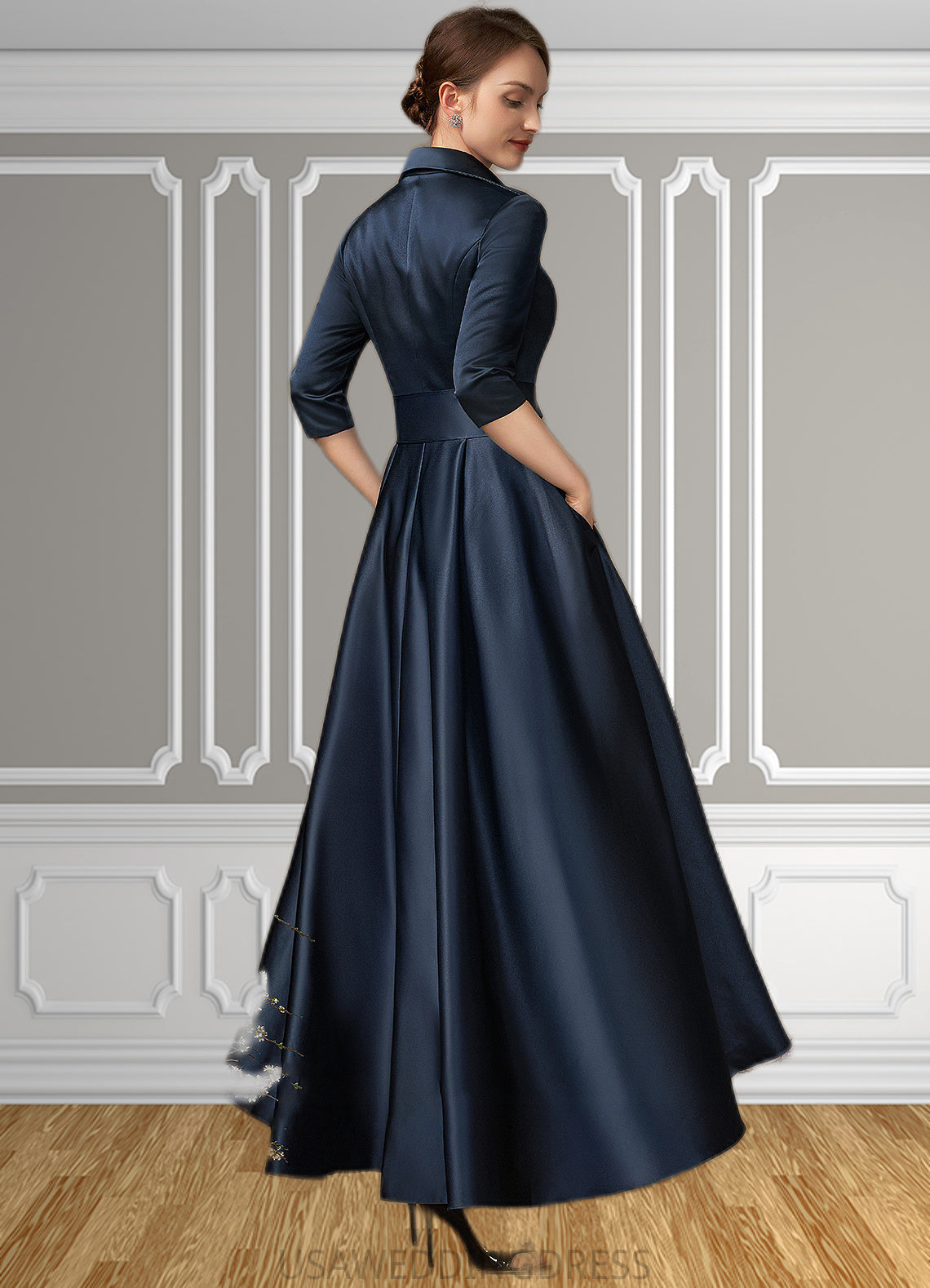 Lorna A-Line V-neck Asymmetrical Satin Mother of the Bride Dress With Bow(s) Pockets DS126P0014879