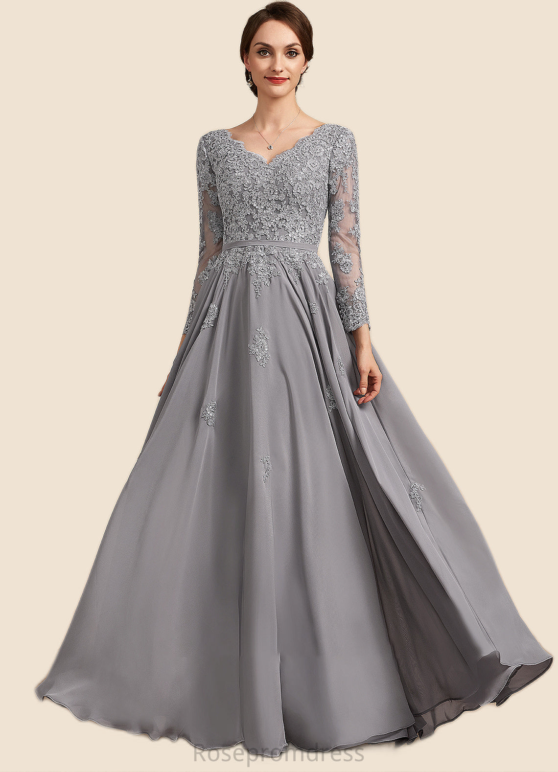 Sydney A-Line V-neck Floor-Length Chiffon Lace Mother of the Bride Dress SRS126P0014881