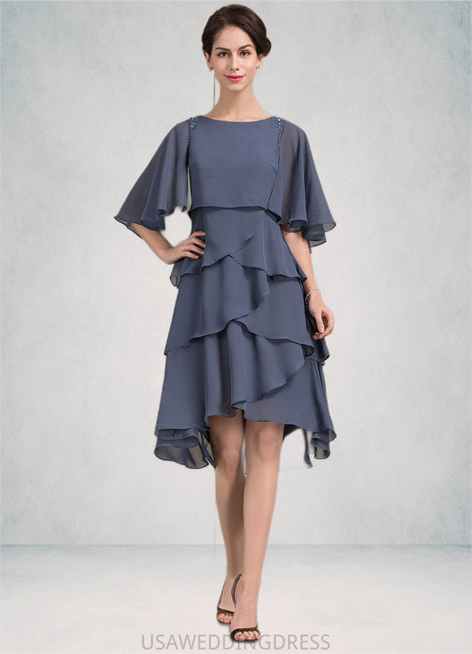 Mikaela A-Line Scoop Neck Asymmetrical Chiffon Mother of the Bride Dress With Beading Sequins Cascading Ruffles DS126P0014882