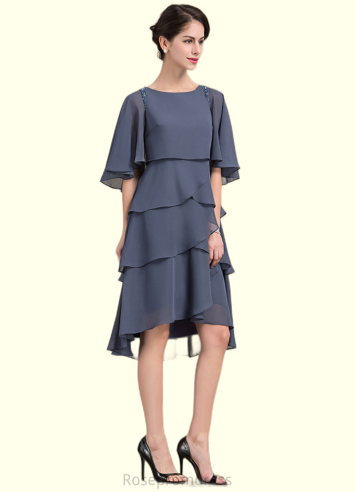 Aiyana A-Line Scoop Neck Asymmetrical Chiffon Mother of the Bride Dress With Beading Sequins Cascading Ruffles SRS126P0014882