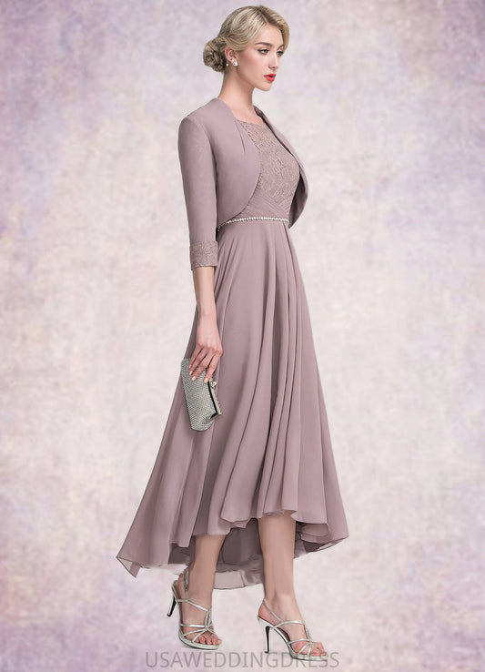 Heidi A-Line Scoop Neck Asymmetrical Chiffon Lace Mother of the Bride Dress With Beading DS126P0014885