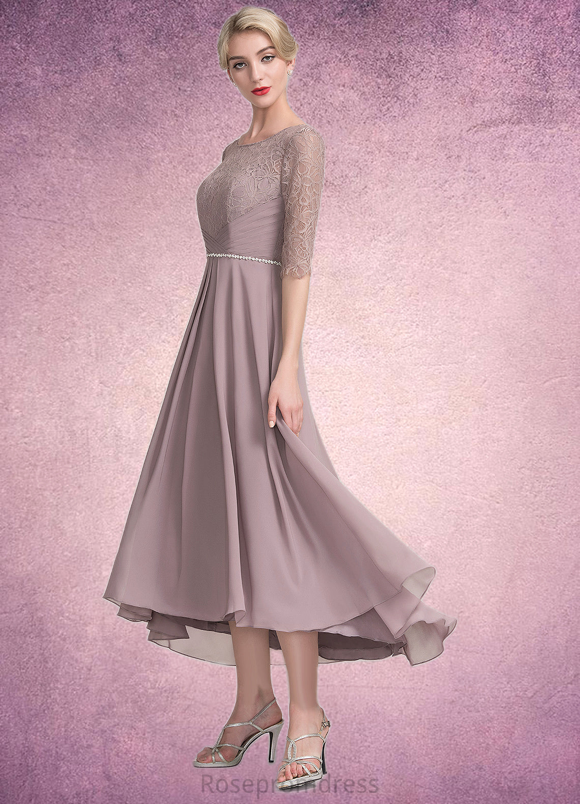 Payten A-Line Scoop Neck Asymmetrical Chiffon Lace Mother of the Bride Dress With Beading SRS126P0014885