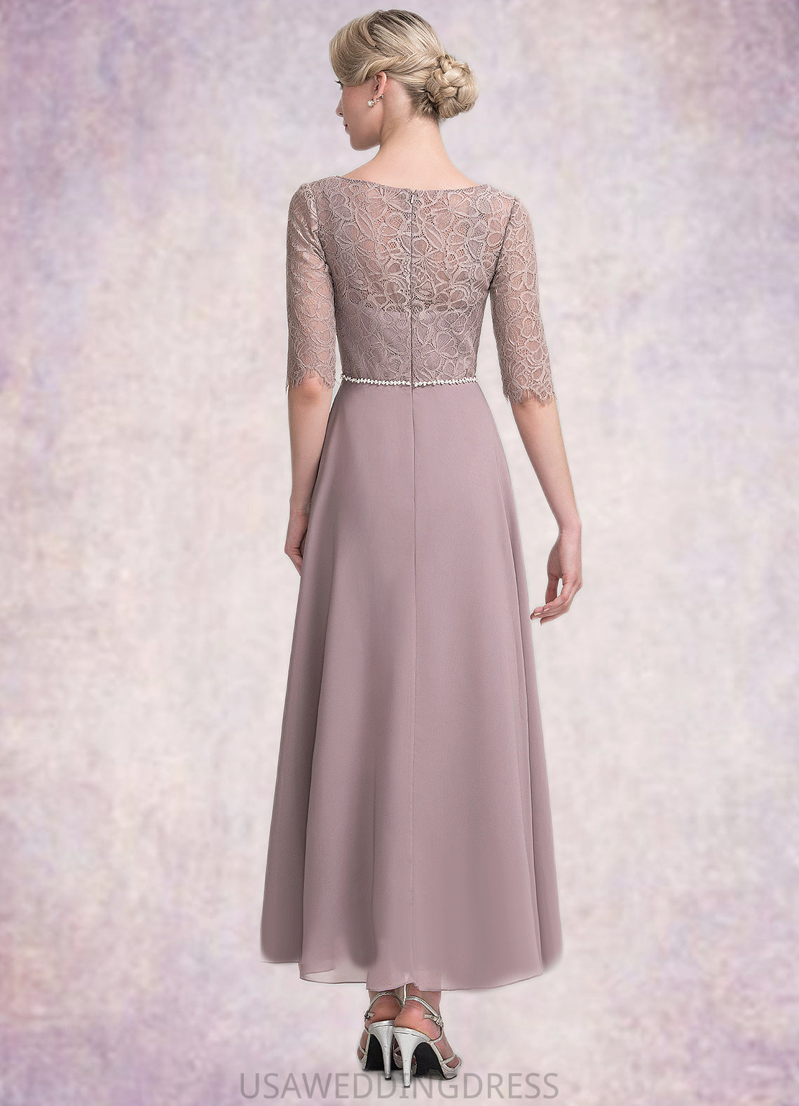 Heidi A-Line Scoop Neck Asymmetrical Chiffon Lace Mother of the Bride Dress With Beading DS126P0014885