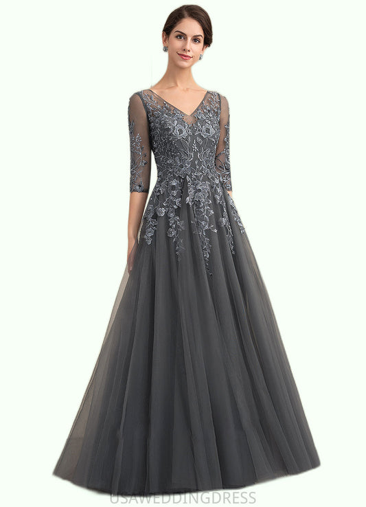 Julia A-Line V-neck Floor-Length Tulle Lace Mother of the Bride Dress With Beading Sequins DS126P0014895