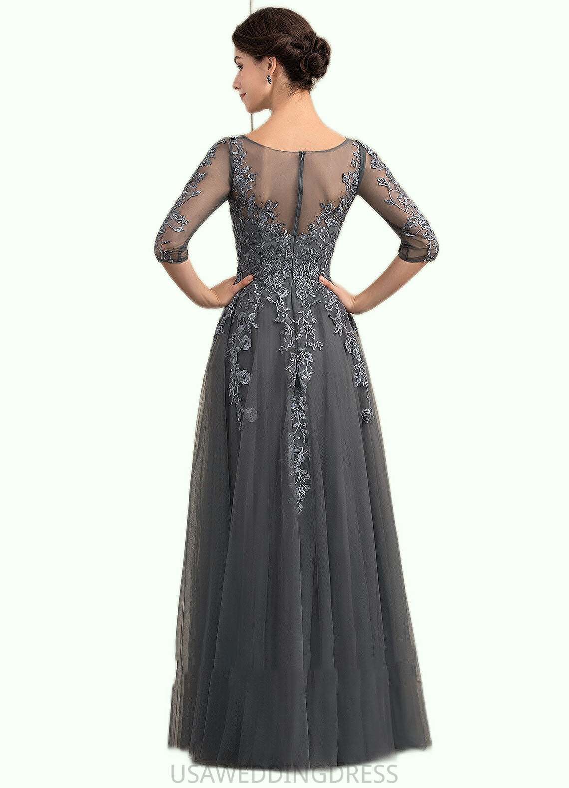 Julia A-Line V-neck Floor-Length Tulle Lace Mother of the Bride Dress With Beading Sequins DS126P0014895