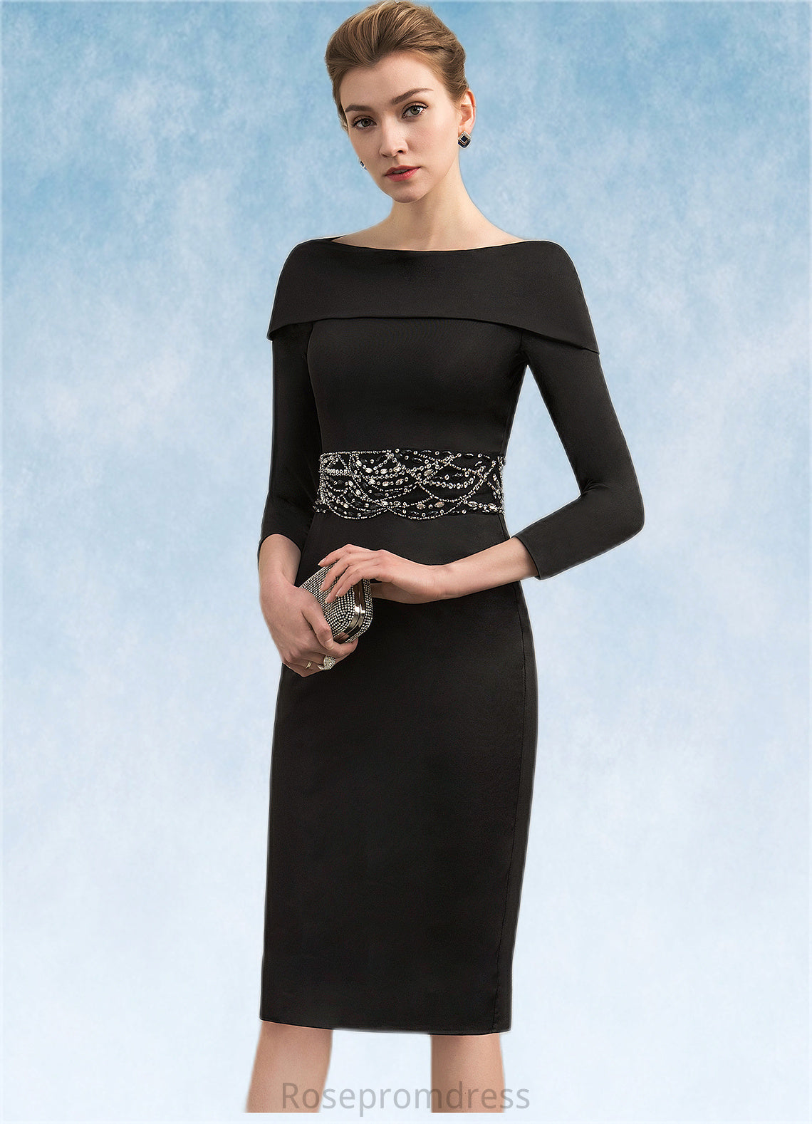 Gretchen Sheath/Column Off-the-Shoulder Knee-Length Jersey Mother of the Bride Dress With Beading Sequins SRS126P0014897