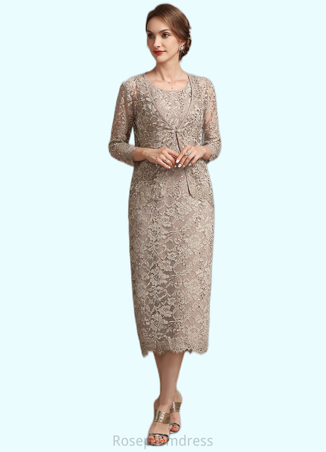 Tania Sheath/Column Scoop Neck Tea-Length Lace Mother of the Bride Dress With Sequins SRS126P0014898