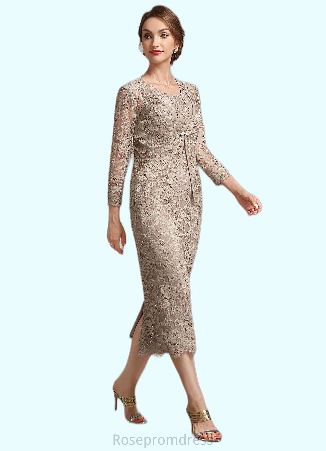 Tania Sheath/Column Scoop Neck Tea-Length Lace Mother of the Bride Dress With Sequins SRS126P0014898