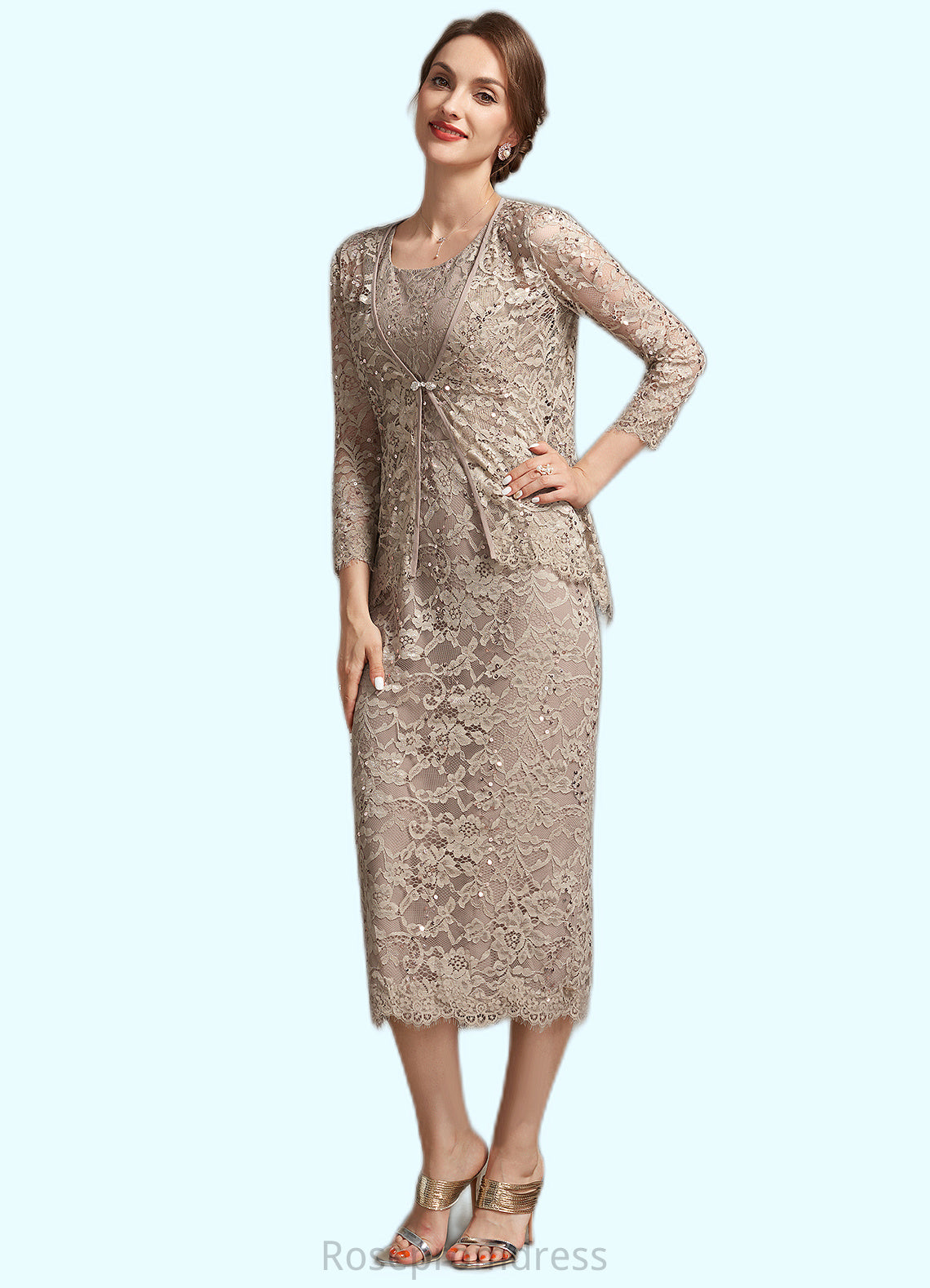 Tania Sheath/Column Scoop Neck Tea-Length Lace Mother of the Bride Dress With Sequins SRS126P0014898