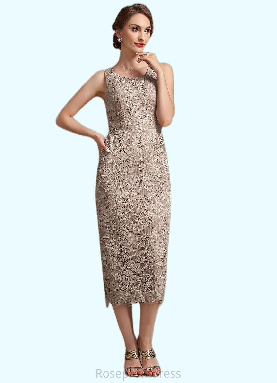 Tania Sheath/Column Scoop Neck Tea-Length Lace Mother of the Bride Dress With Sequins SRS126P0014898