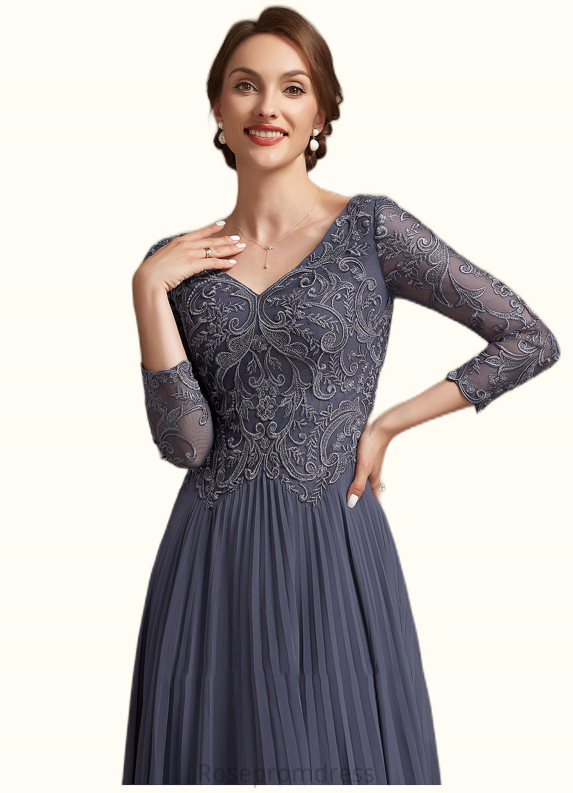 Skyler A-Line V-neck Ankle-Length Chiffon Lace Mother of the Bride Dress SRS126P0014899