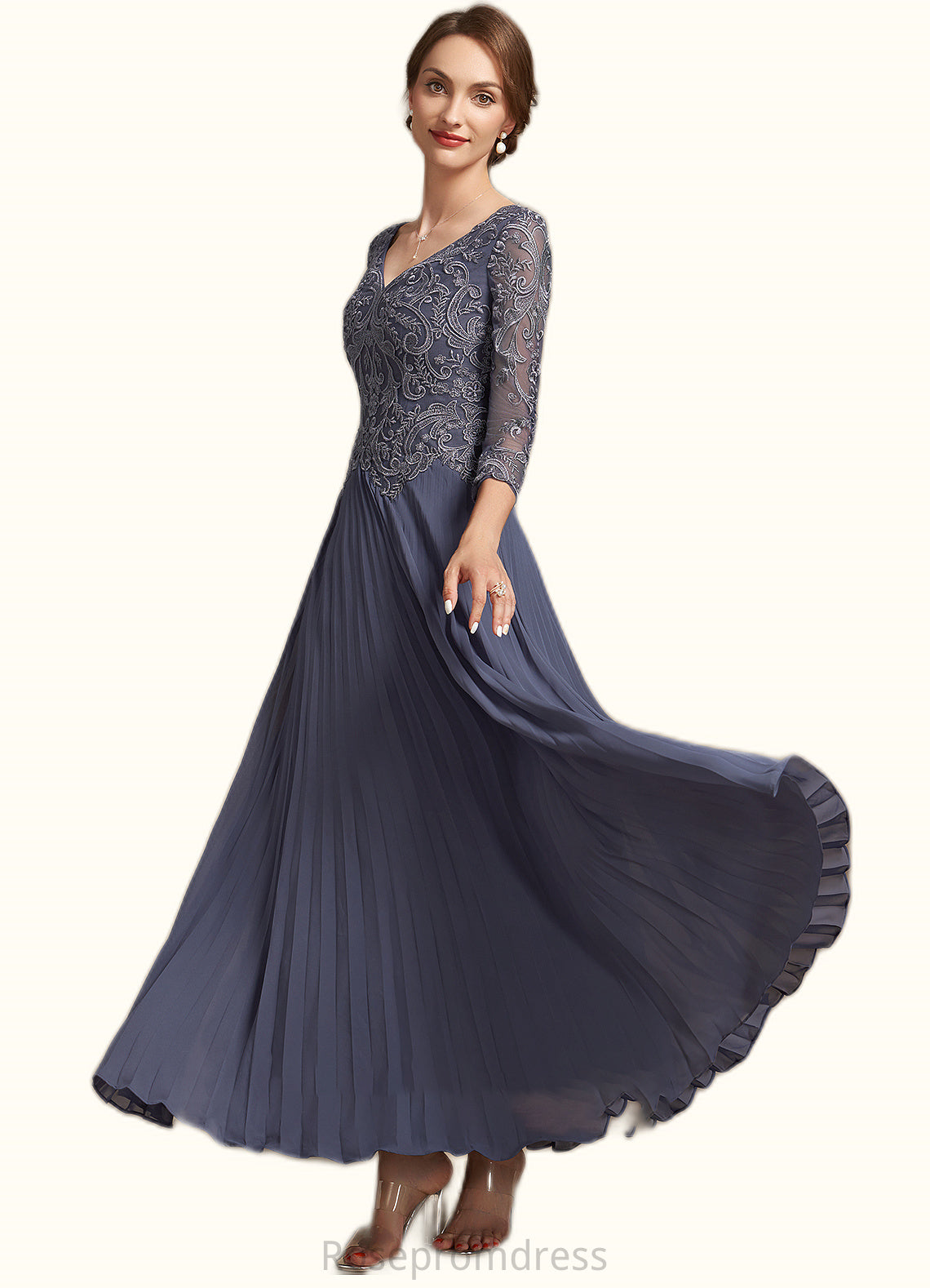 Skyler A-Line V-neck Ankle-Length Chiffon Lace Mother of the Bride Dress SRS126P0014899