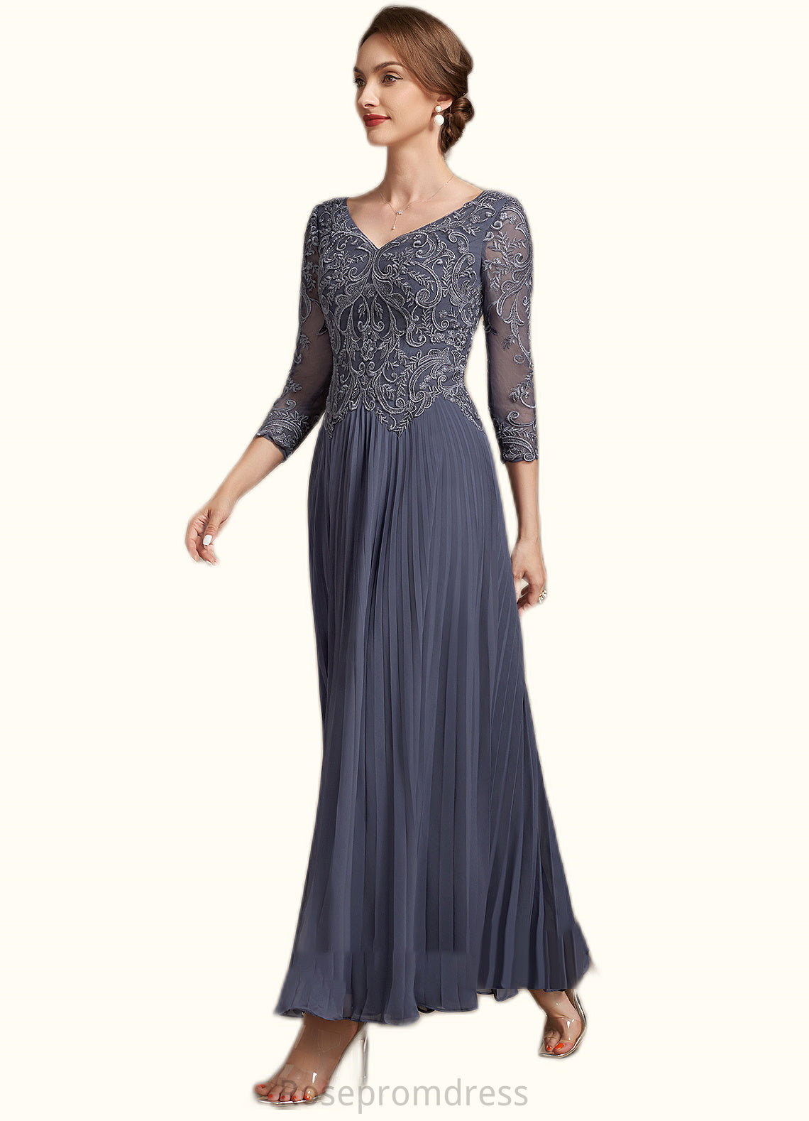 Skyler A-Line V-neck Ankle-Length Chiffon Lace Mother of the Bride Dress SRS126P0014899