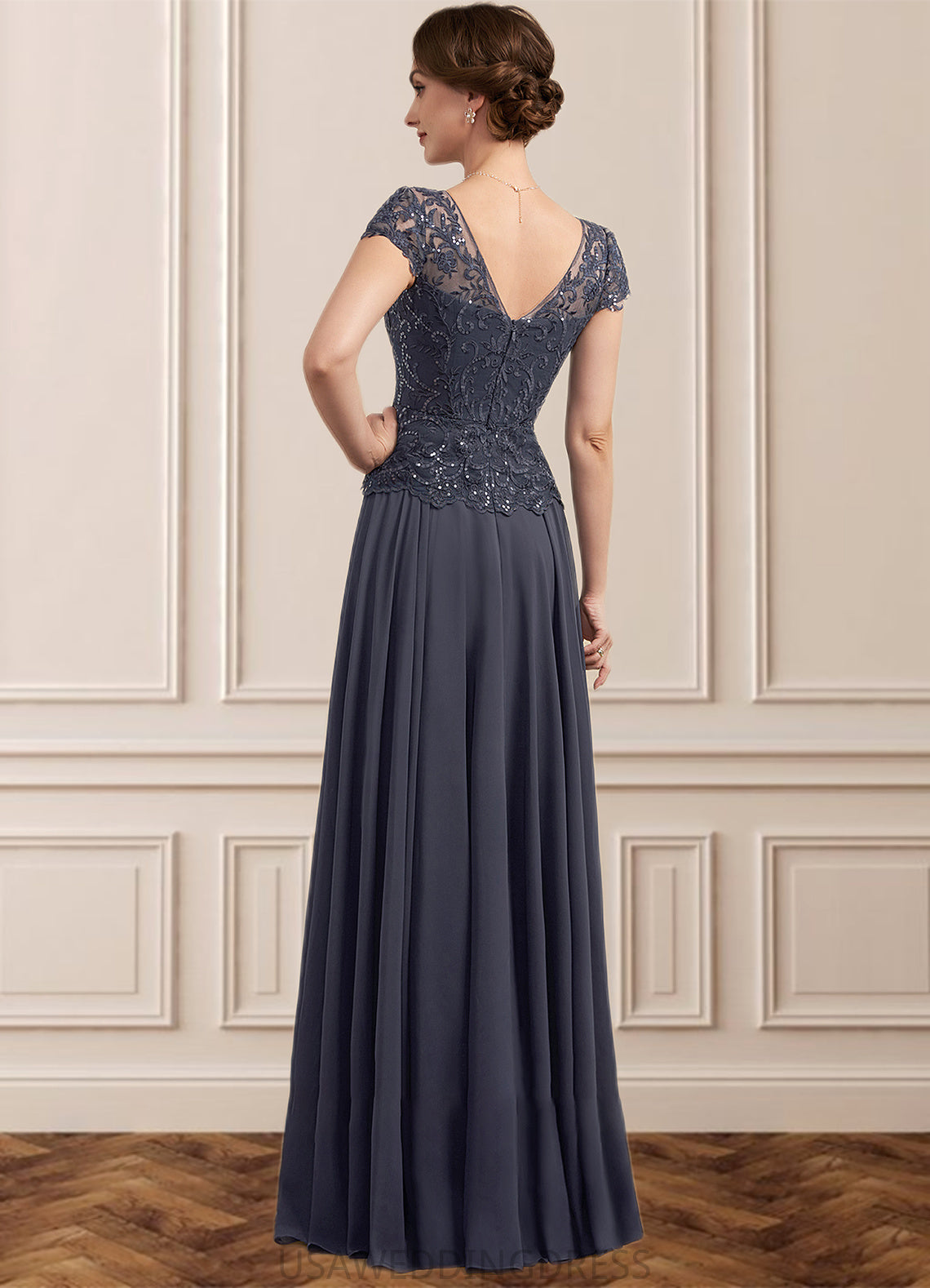 Hazel A-Line V-neck Floor-Length Chiffon Lace Mother of the Bride Dress With Sequins DS126P0014901