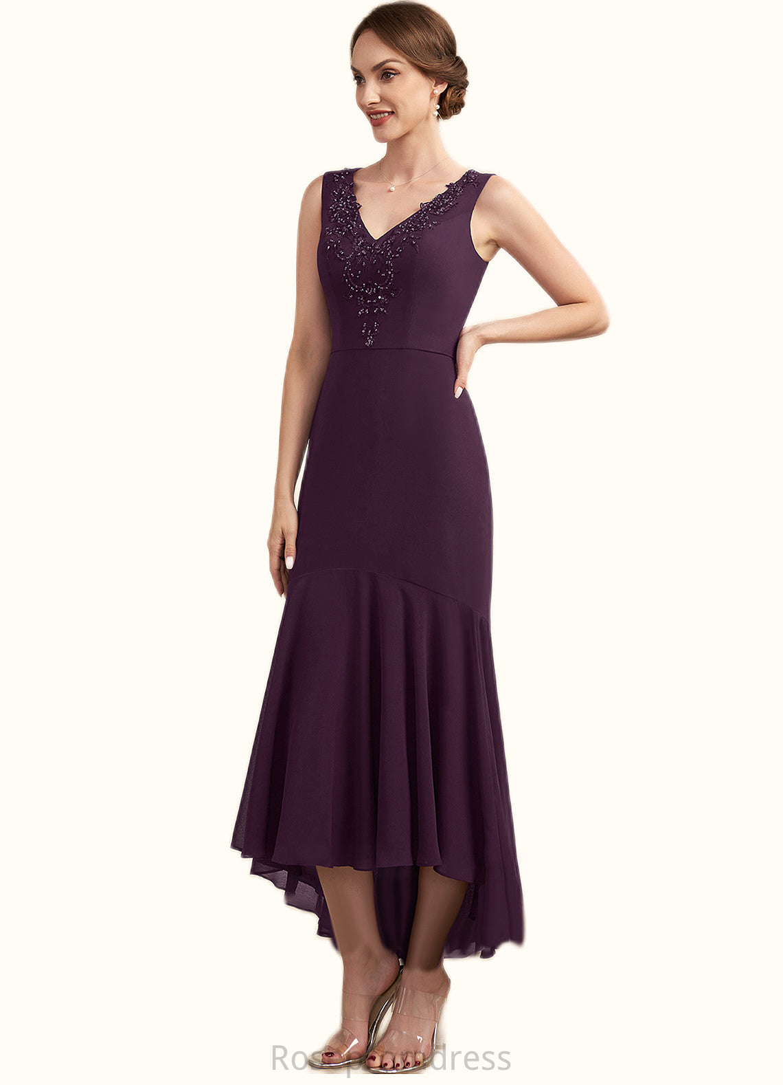 Quinn Trumpet/Mermaid V-neck Asymmetrical Chiffon Mother of the Bride Dress With Lace Beading Sequins SRS126P0014902