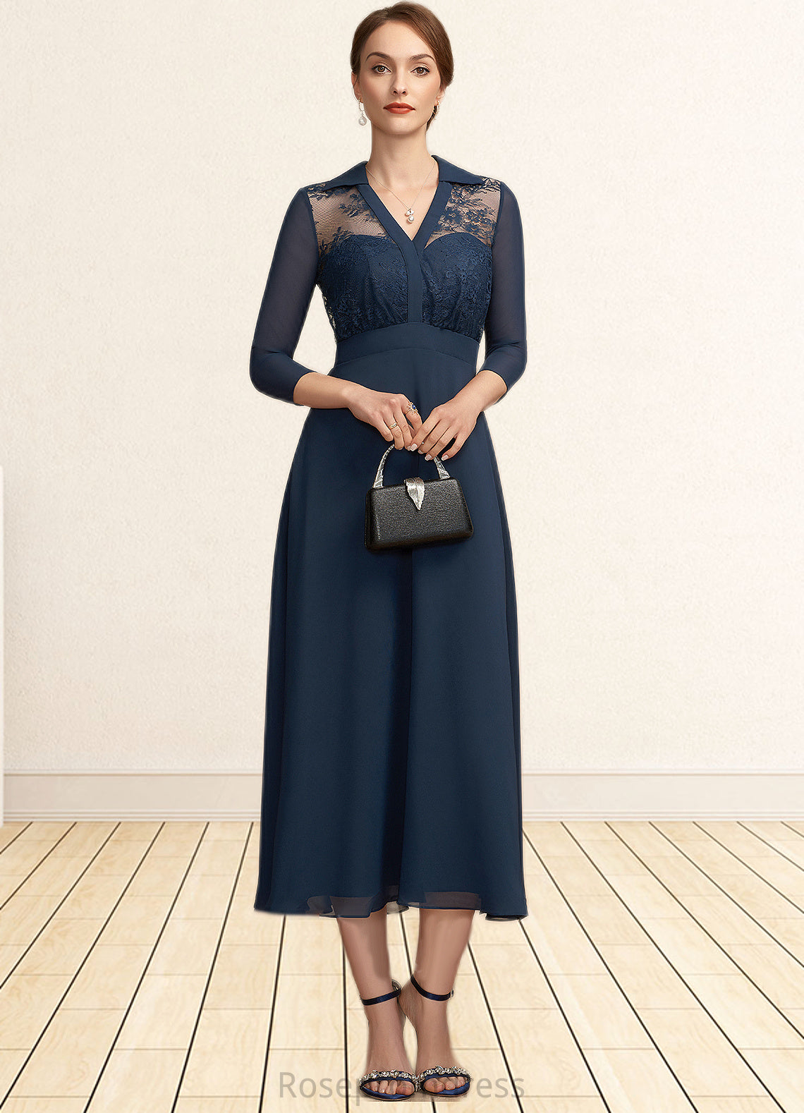 Kathryn A-Line V-neck Tea-Length Chiffon Lace Mother of the Bride Dress SRS126P0014905