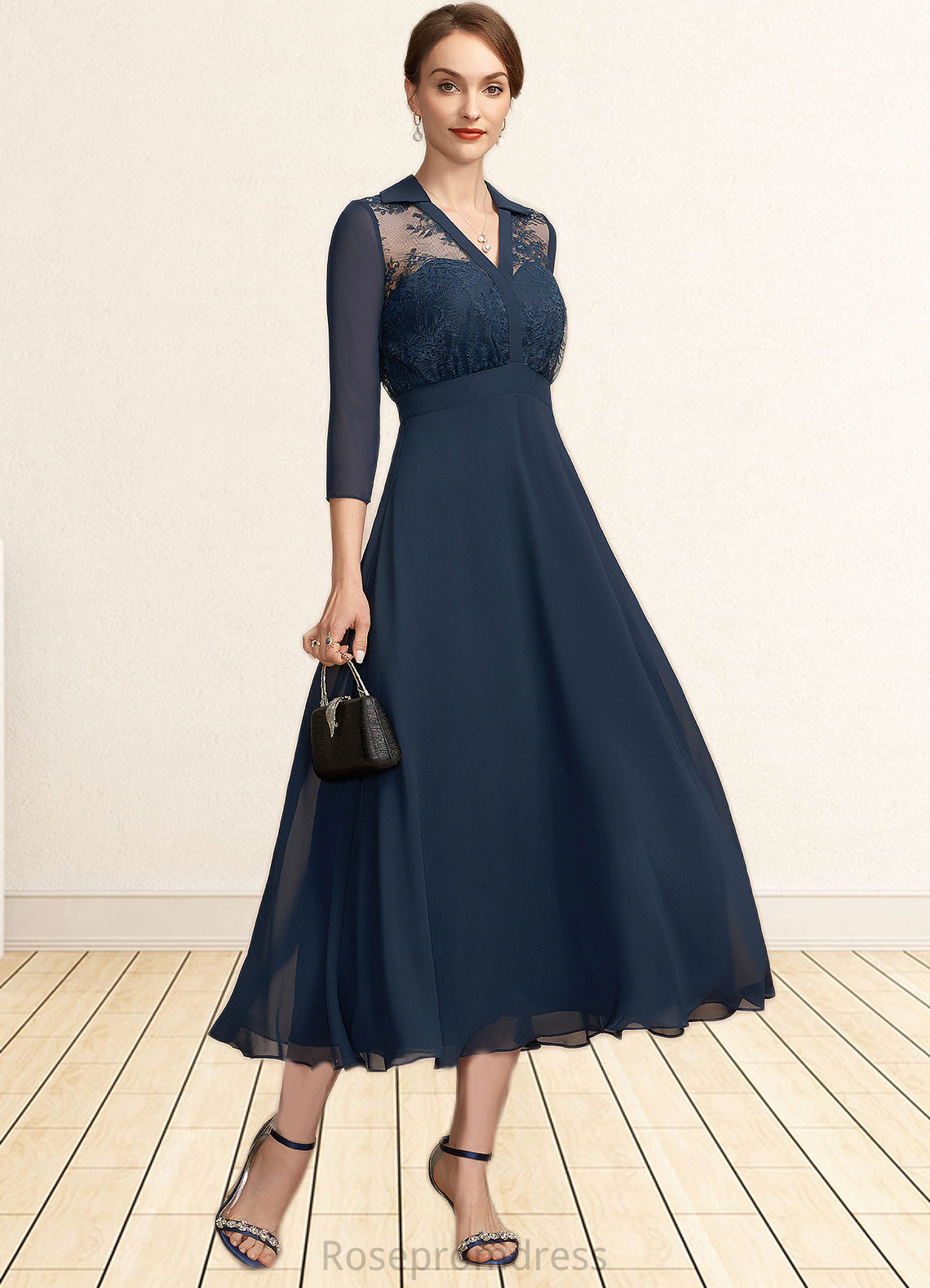 Kathryn A-Line V-neck Tea-Length Chiffon Lace Mother of the Bride Dress SRS126P0014905