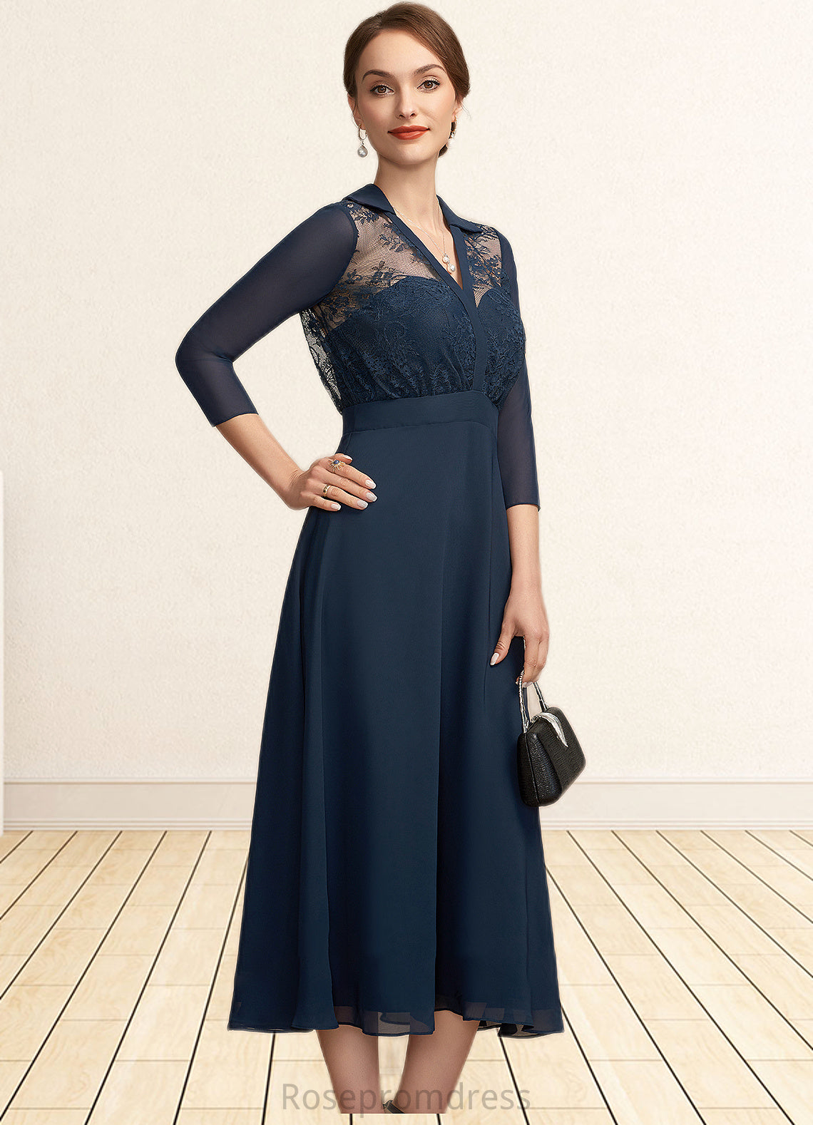 Kathryn A-Line V-neck Tea-Length Chiffon Lace Mother of the Bride Dress SRS126P0014905