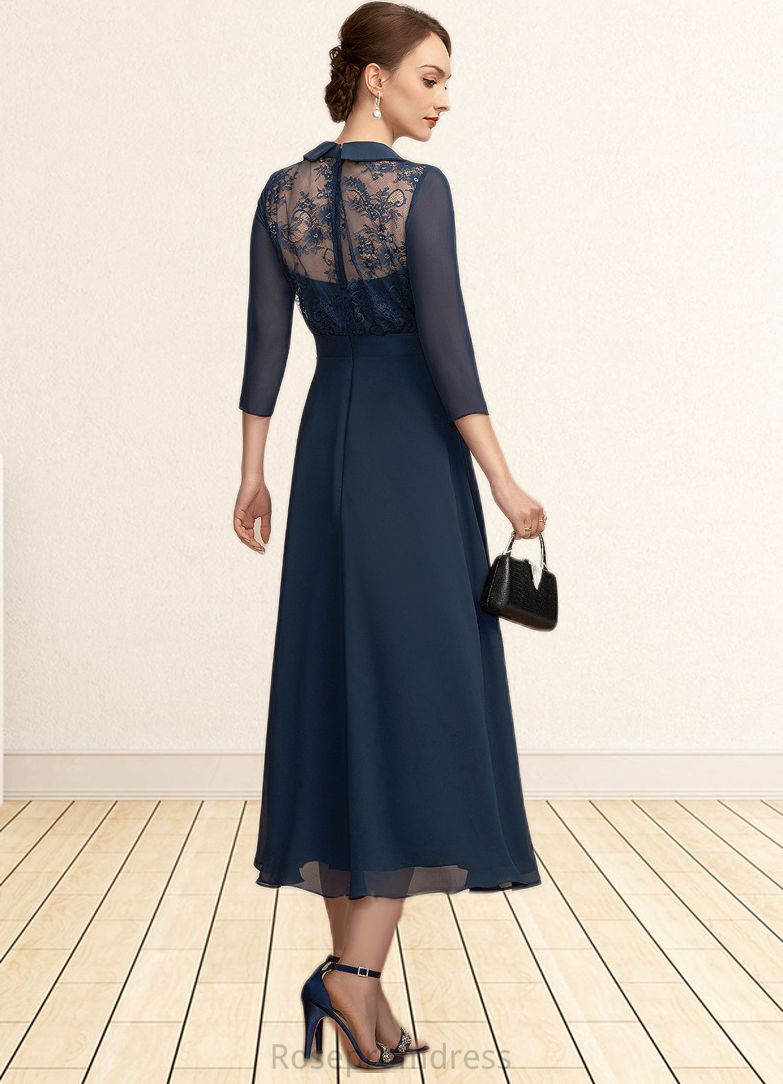 Kathryn A-Line V-neck Tea-Length Chiffon Lace Mother of the Bride Dress SRS126P0014905