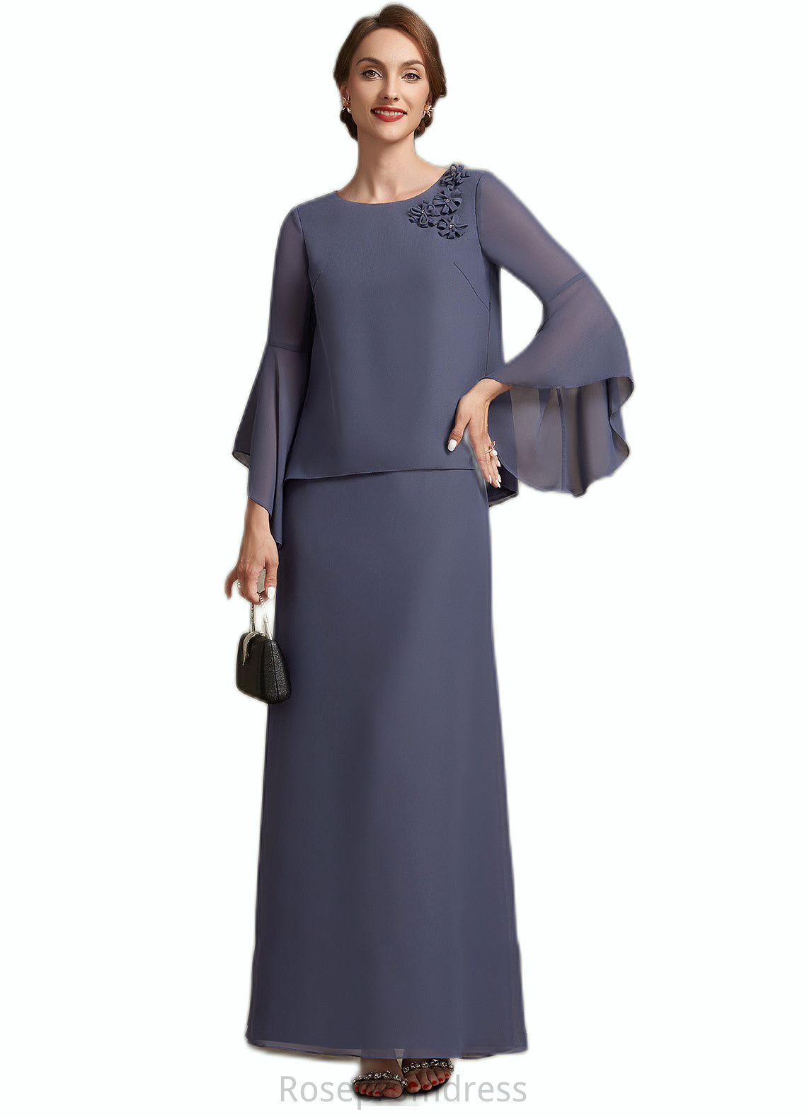 Paisley A-Line Scoop Neck Ankle-Length Chiffon Mother of the Bride Dress With Flower(s) SRS126P0014908