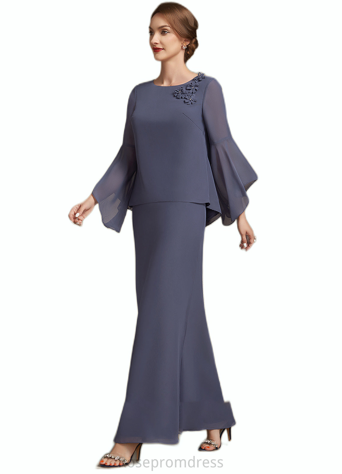 Paisley A-Line Scoop Neck Ankle-Length Chiffon Mother of the Bride Dress With Flower(s) SRS126P0014908