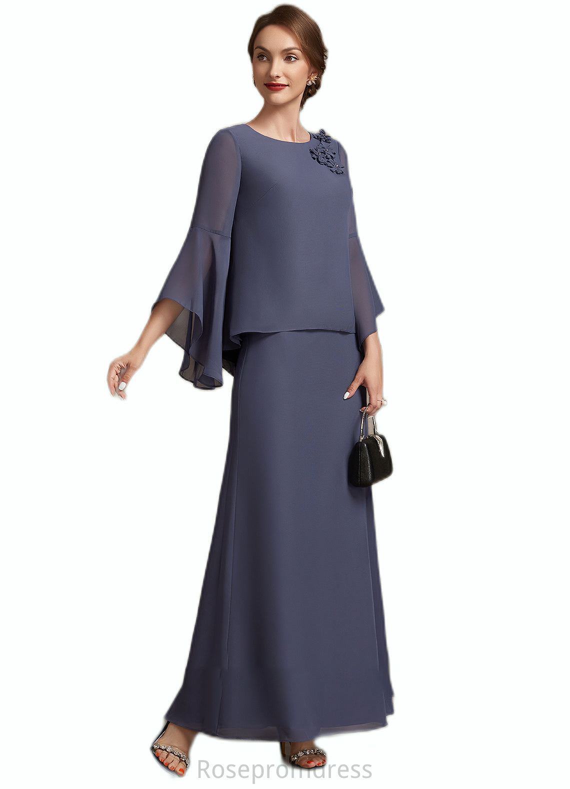 Paisley A-Line Scoop Neck Ankle-Length Chiffon Mother of the Bride Dress With Flower(s) SRS126P0014908