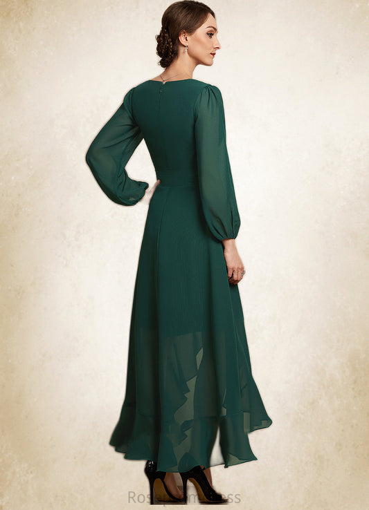 Serenity A-Line V-neck Asymmetrical Chiffon Mother of the Bride Dress With Bow(s) Cascading Ruffles SRS126P0014909