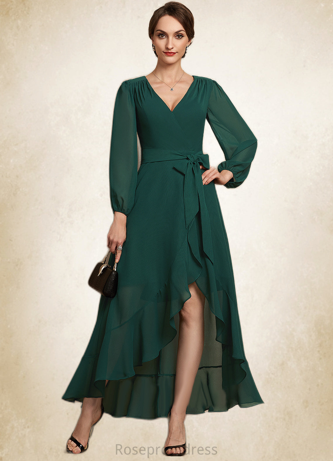 Serenity A-Line V-neck Asymmetrical Chiffon Mother of the Bride Dress With Bow(s) Cascading Ruffles SRS126P0014909