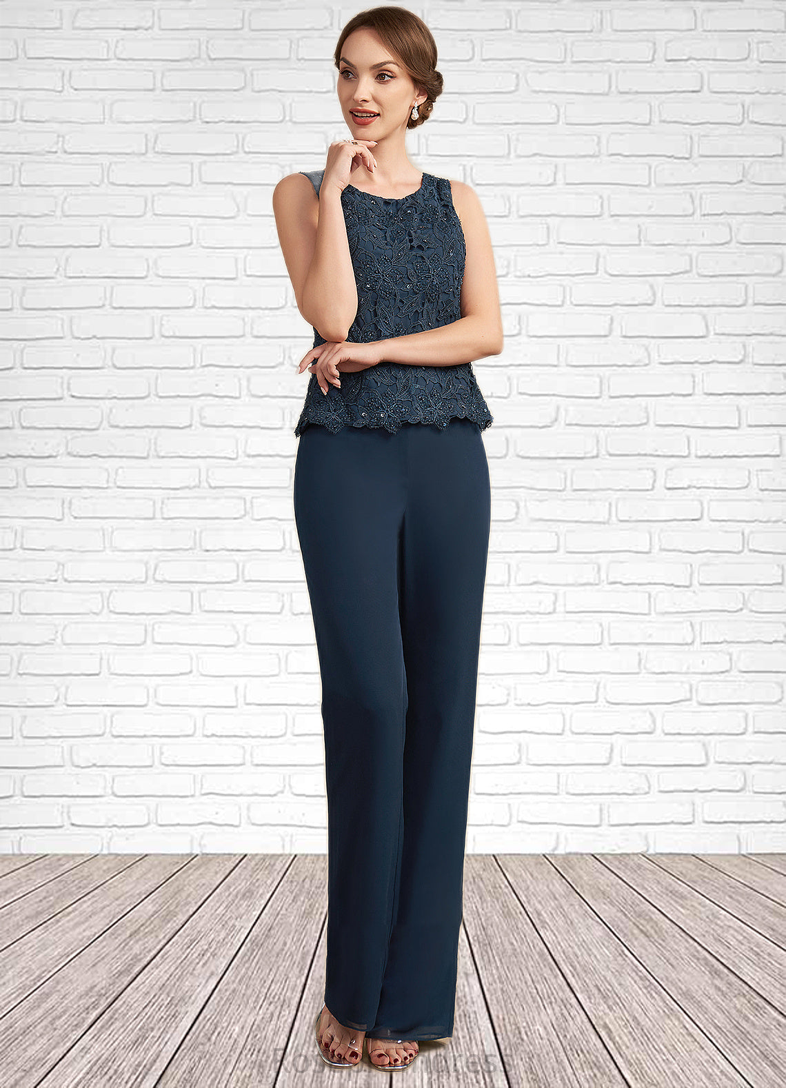 Scarlett Jumpsuit/Pantsuit Scoop Neck Floor-Length Chiffon Lace Mother of the Bride Dress With Beading Sequins SRS126P0014910