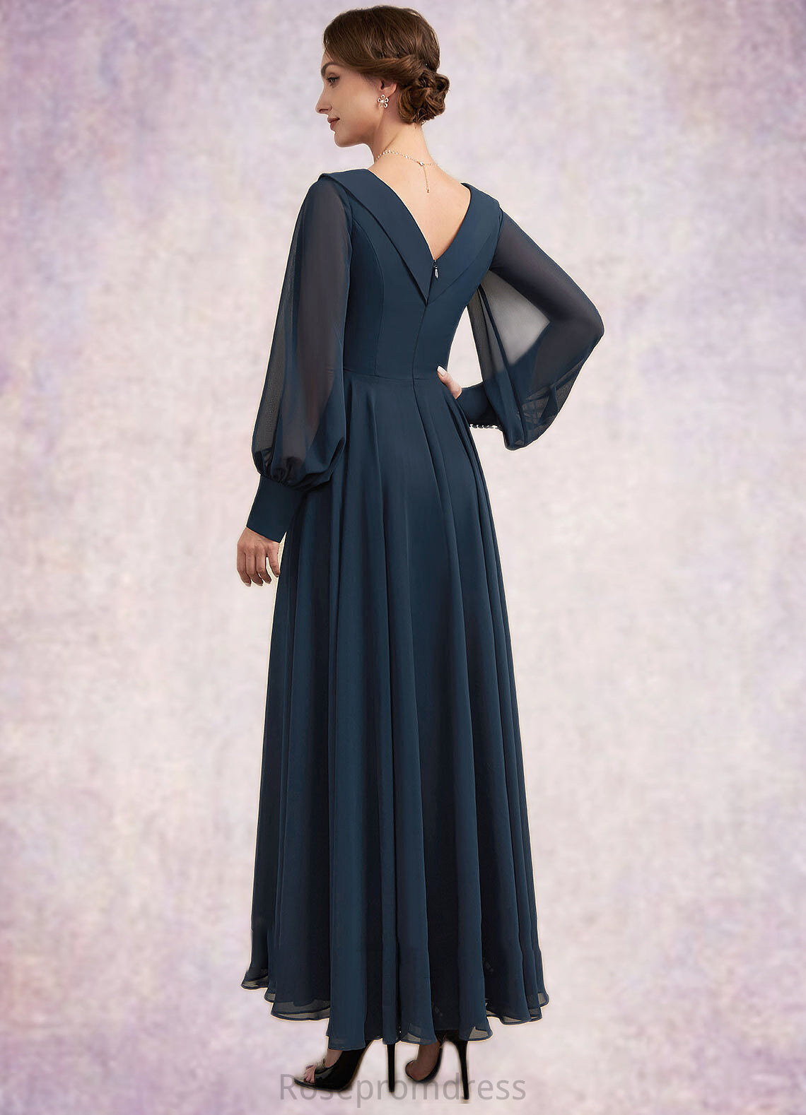 Laney A-Line V-neck Ankle-Length Chiffon Mother of the Bride Dress With Ruffle Beading Appliques Lace Sequins SRS126P0014915