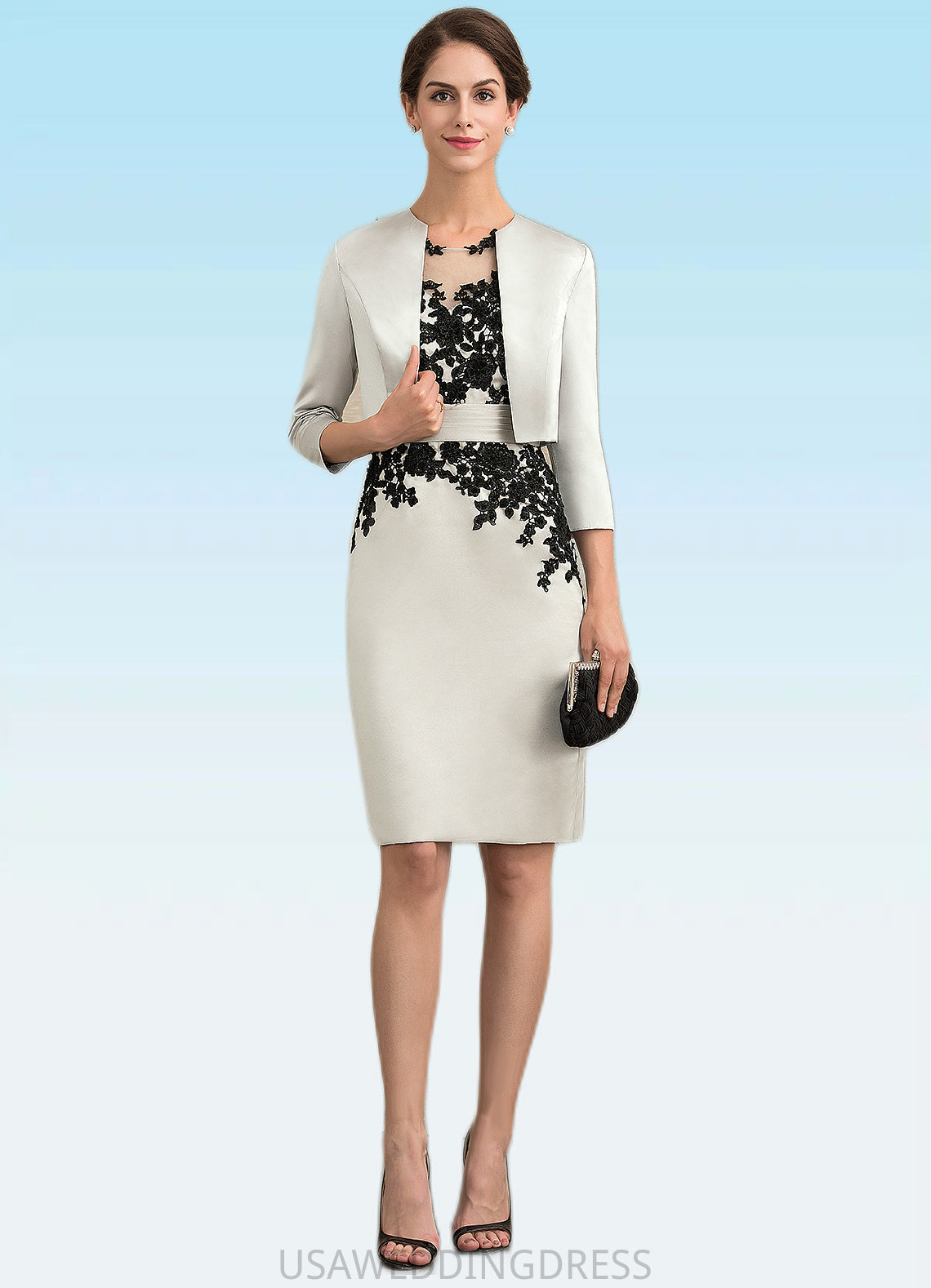 Barbara Sheath/Column Scoop Neck Knee-Length Satin Lace Mother of the Bride Dress With Beading Sequins DS126P0014916