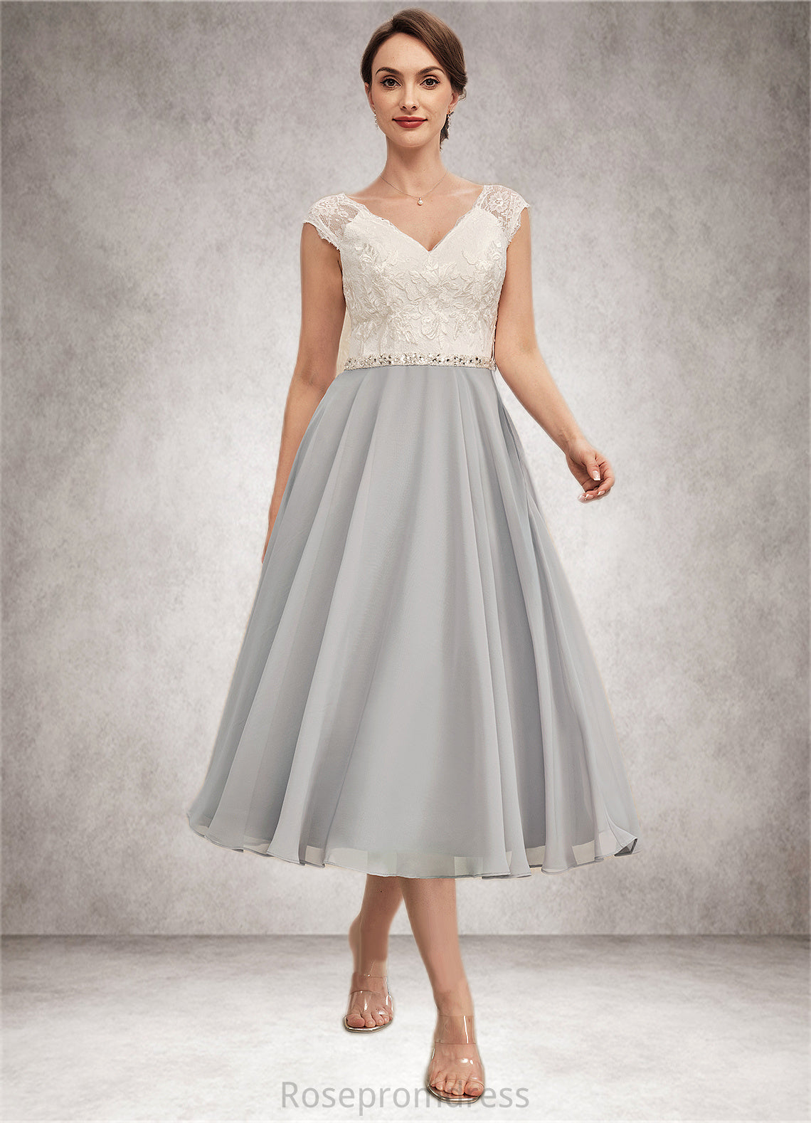 Paisley A-Line V-neck Tea-Length Chiffon Lace Mother of the Bride Dress With Beading SRS126P0014919