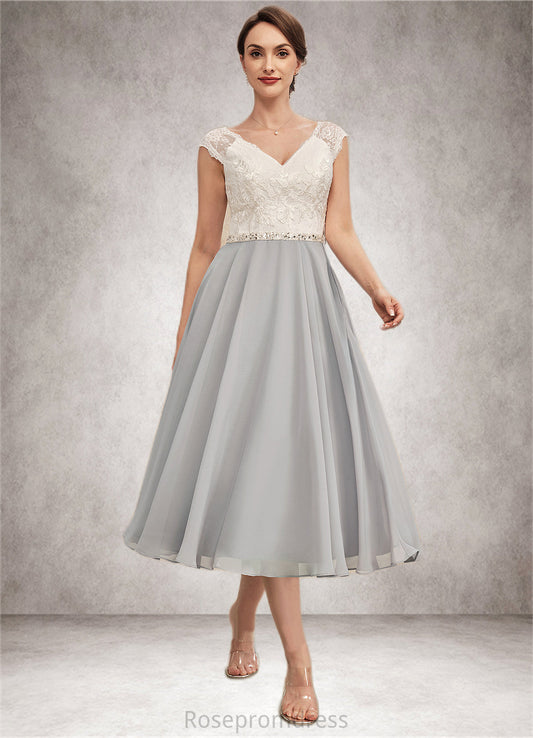 Paisley A-Line V-neck Tea-Length Chiffon Lace Mother of the Bride Dress With Beading SRS126P0014919
