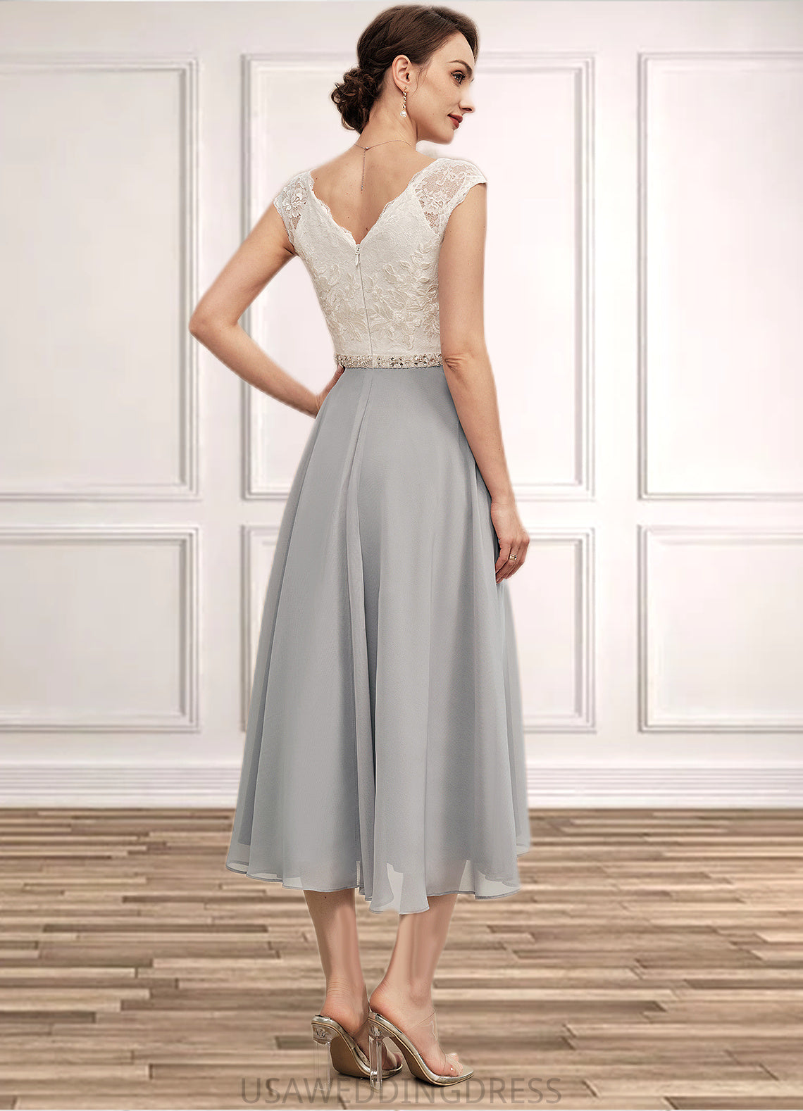 Eliana A-Line V-neck Tea-Length Chiffon Lace Mother of the Bride Dress With Beading DS126P0014919