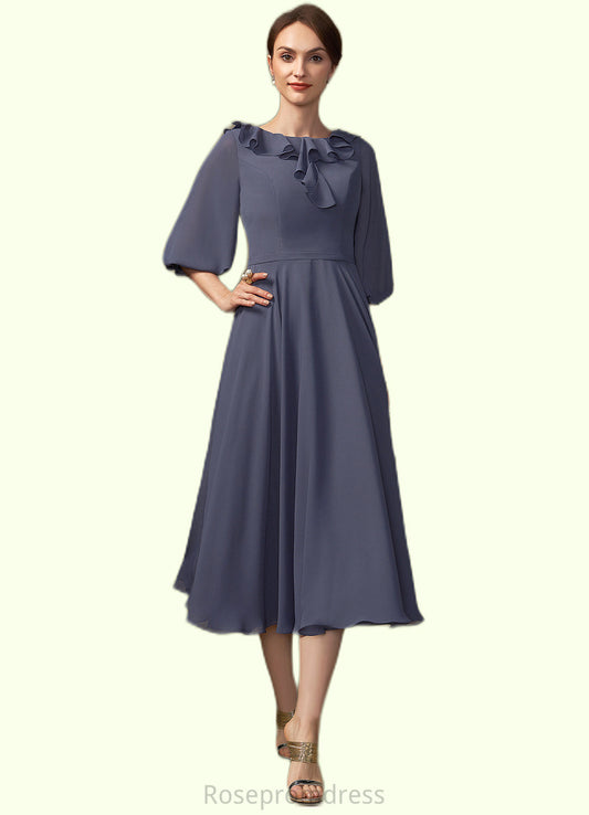 Naomi A-Line Scoop Neck Tea-Length Chiffon Mother of the Bride Dress With Cascading Ruffles SRS126P0014920