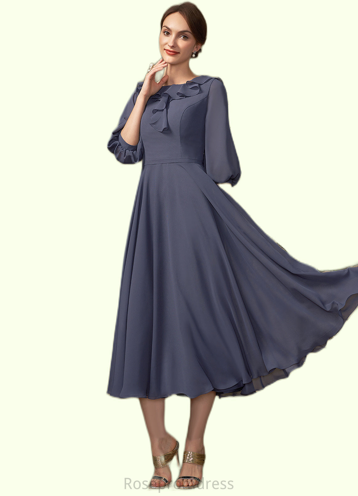 Naomi A-Line Scoop Neck Tea-Length Chiffon Mother of the Bride Dress With Cascading Ruffles SRS126P0014920