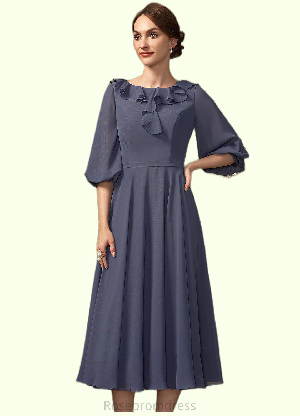 Naomi A-Line Scoop Neck Tea-Length Chiffon Mother of the Bride Dress With Cascading Ruffles SRS126P0014920