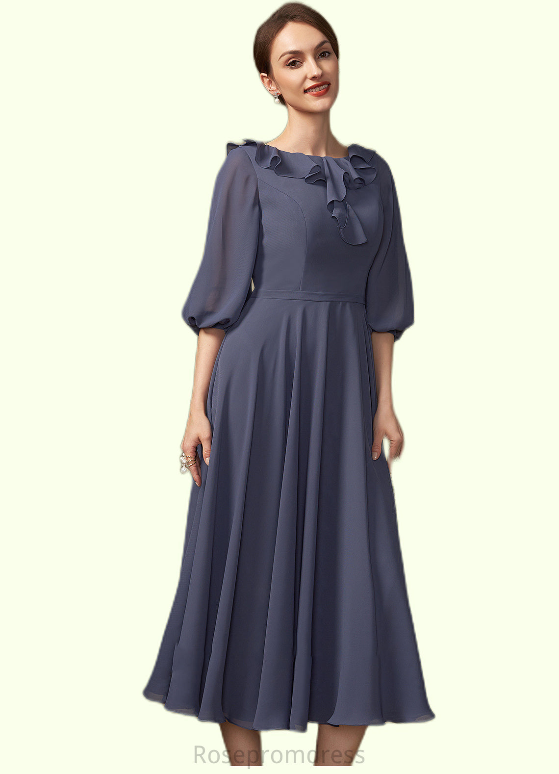 Naomi A-Line Scoop Neck Tea-Length Chiffon Mother of the Bride Dress With Cascading Ruffles SRS126P0014920