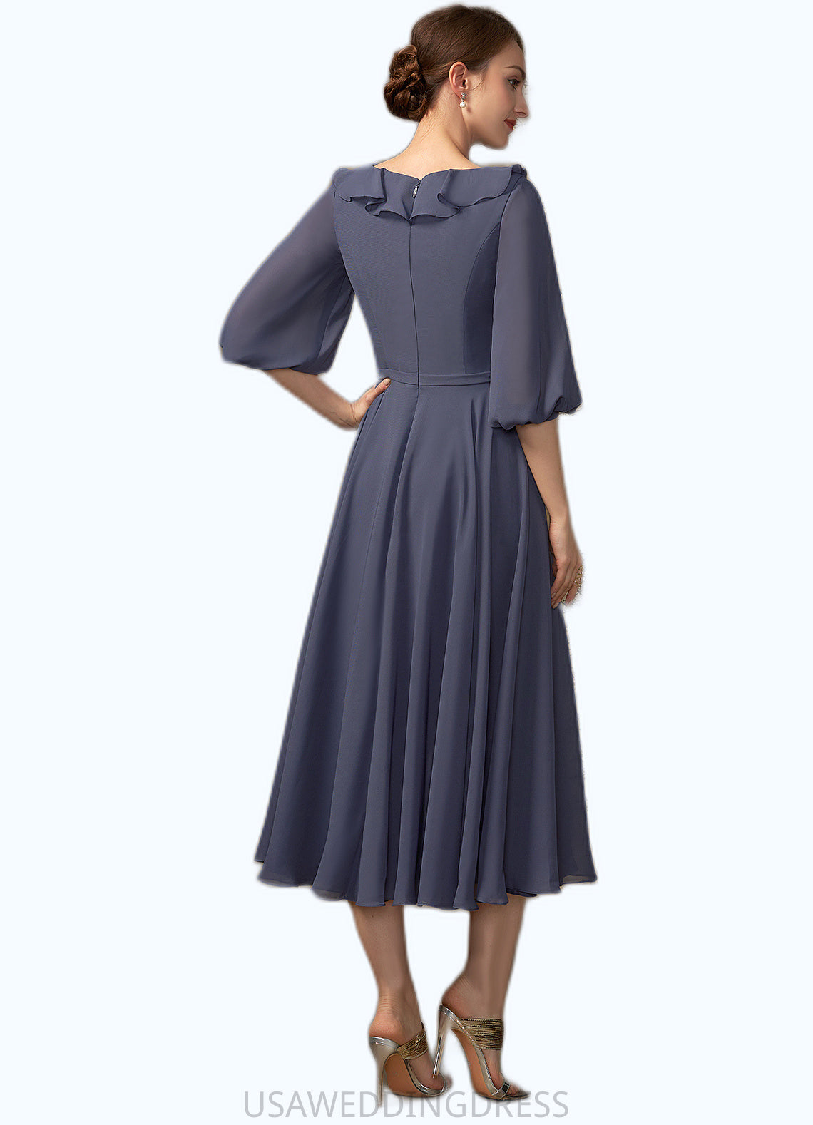 Adriana A-Line Scoop Neck Tea-Length Chiffon Mother of the Bride Dress With Cascading Ruffles DS126P0014920