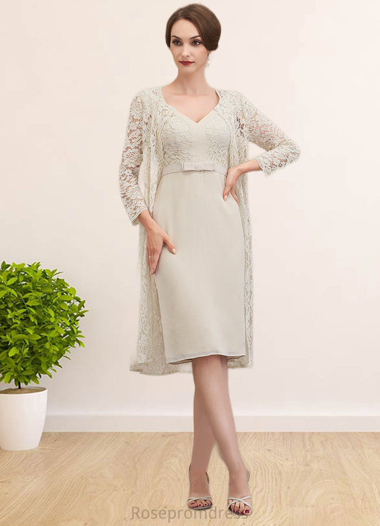 Kim Sheath/Column V-neck Knee-Length Chiffon Lace Mother of the Bride Dress With Bow(s) SRS126P0014924