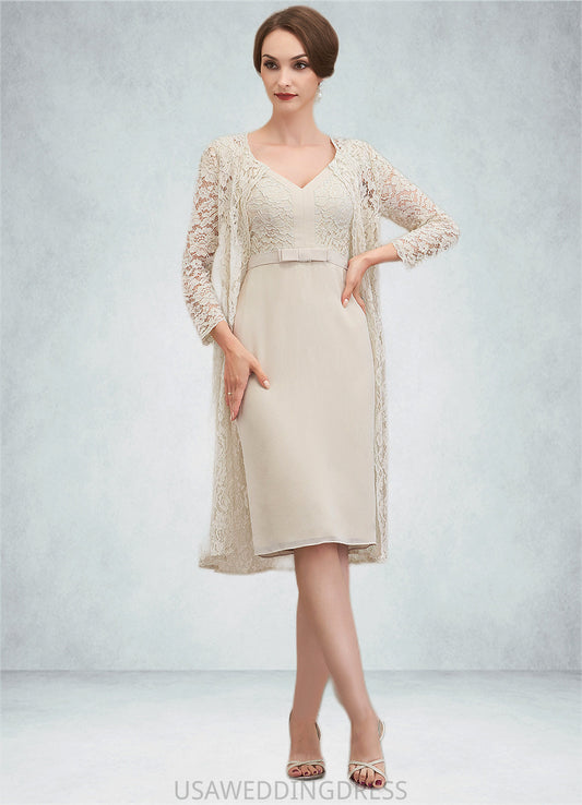 Anaya Sheath/Column V-neck Knee-Length Chiffon Lace Mother of the Bride Dress With Bow(s) DS126P0014924