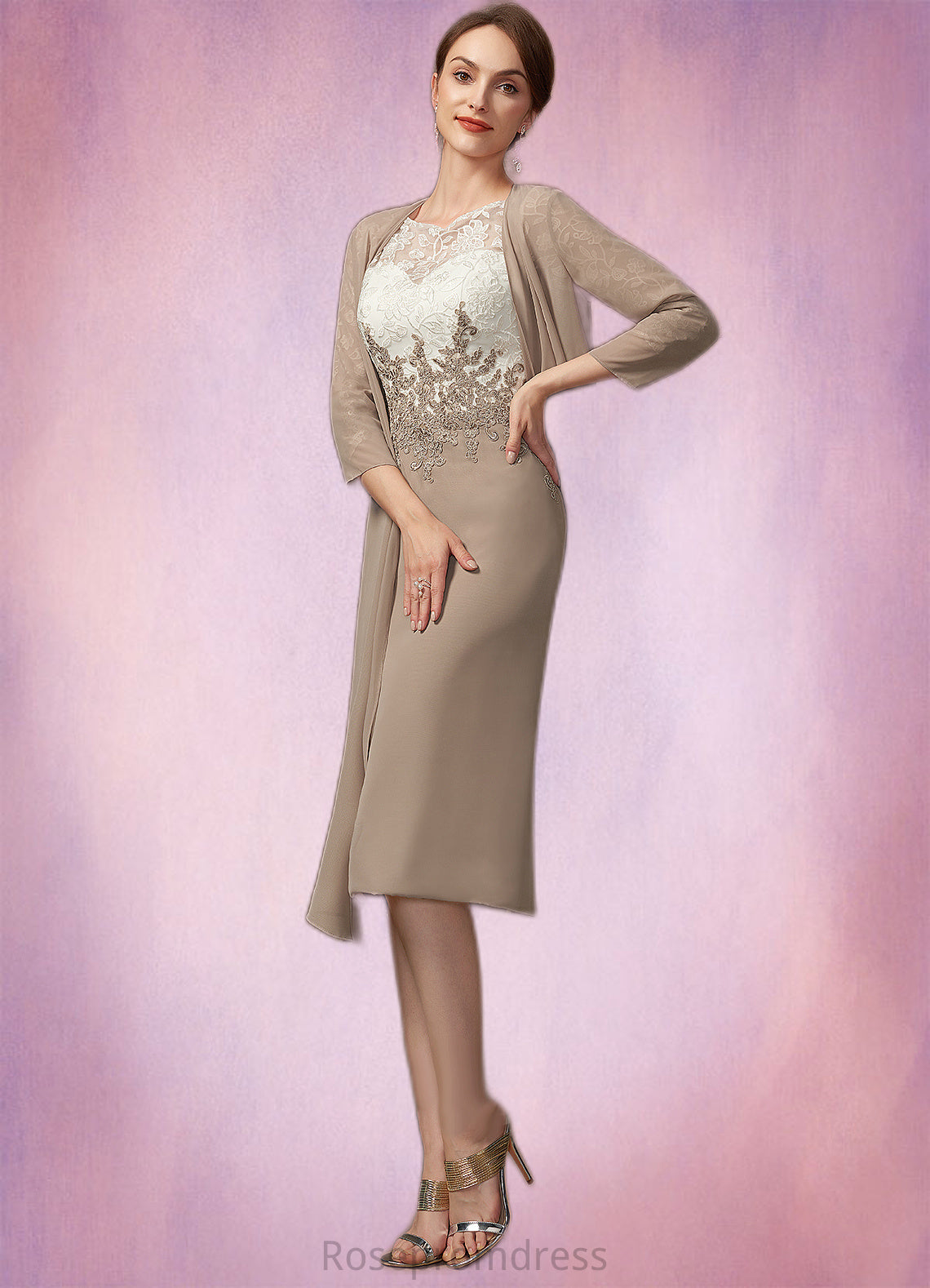 Pearl Sheath/Column Scoop Neck Knee-Length Chiffon Lace Mother of the Bride Dress SRS126P0014927