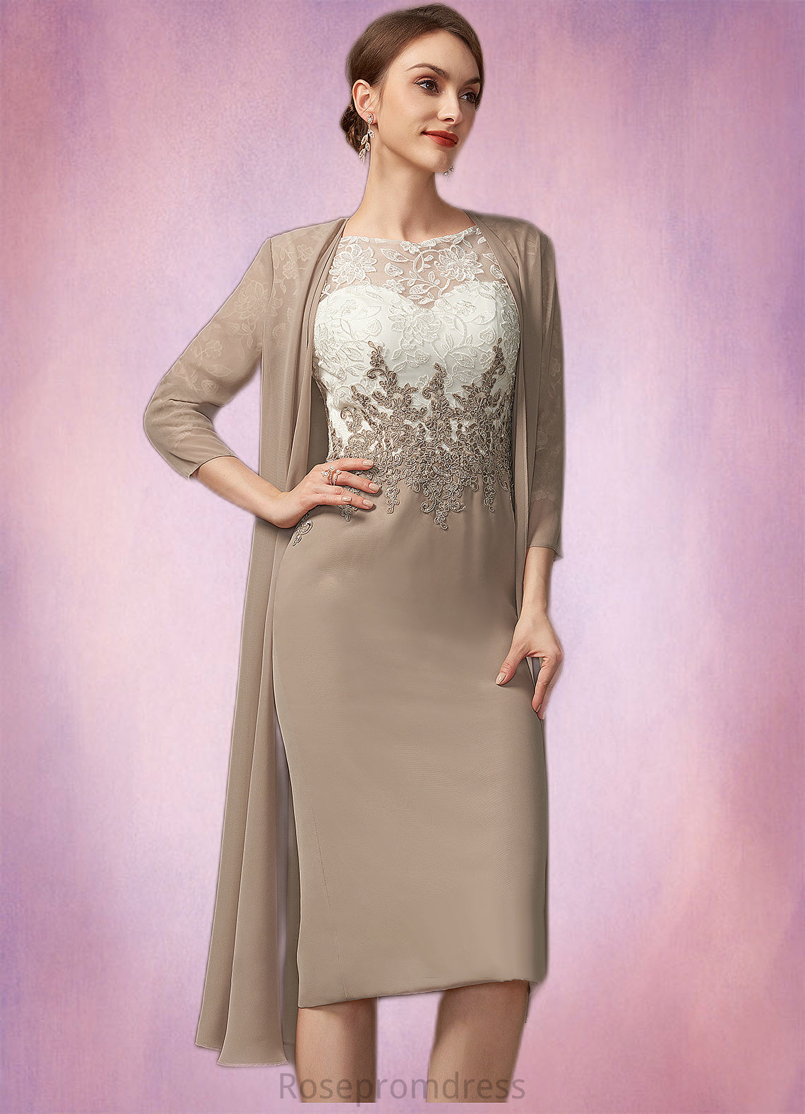 Pearl Sheath/Column Scoop Neck Knee-Length Chiffon Lace Mother of the Bride Dress SRS126P0014927