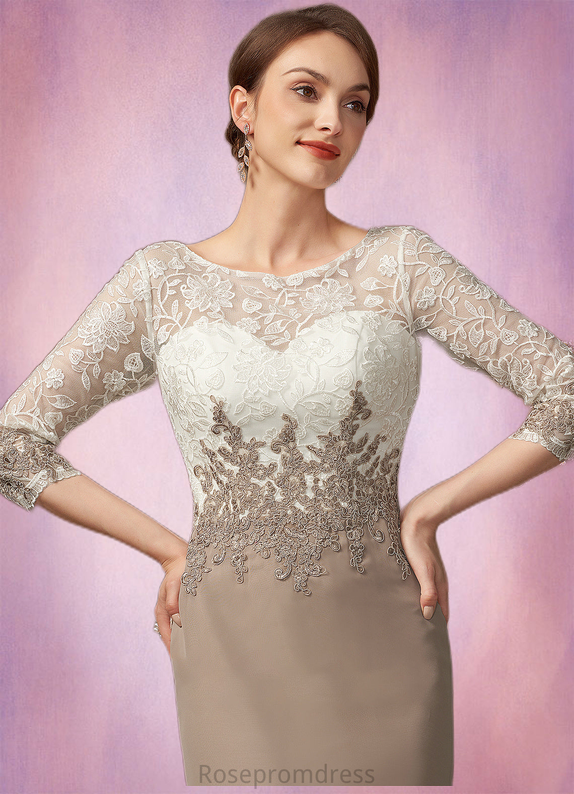 Pearl Sheath/Column Scoop Neck Knee-Length Chiffon Lace Mother of the Bride Dress SRS126P0014927