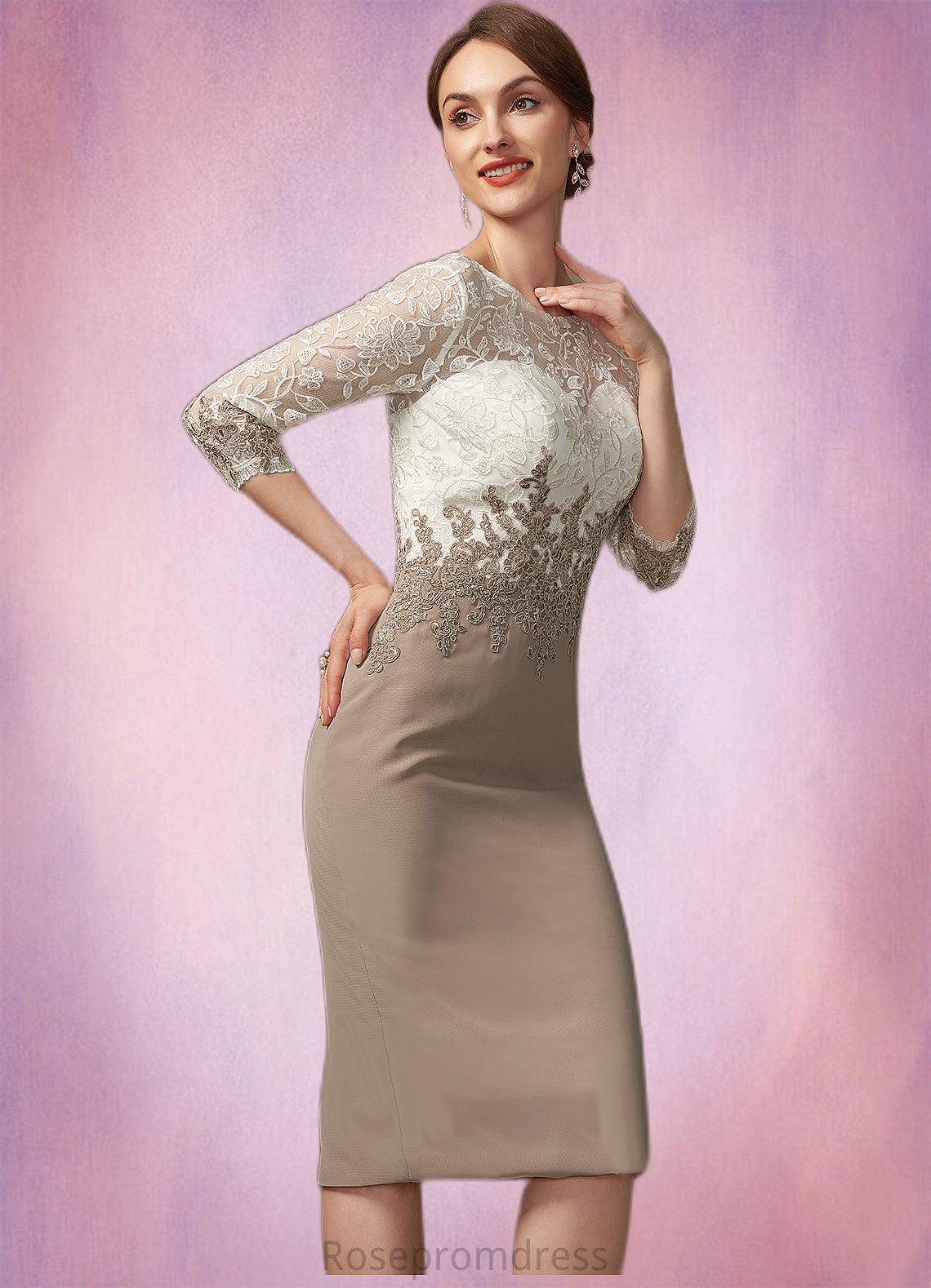 Pearl Sheath/Column Scoop Neck Knee-Length Chiffon Lace Mother of the Bride Dress SRS126P0014927