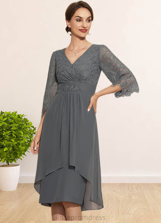 Caroline Sheath/Column V-neck Knee-Length Chiffon Lace Mother of the Bride Dress With Beading Cascading Ruffles SRS126P0014930