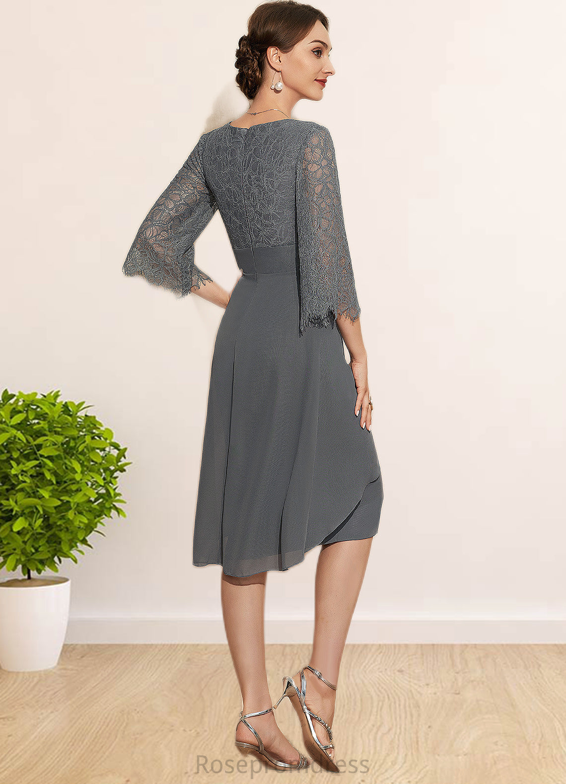 Caroline Sheath/Column V-neck Knee-Length Chiffon Lace Mother of the Bride Dress With Beading Cascading Ruffles SRS126P0014930