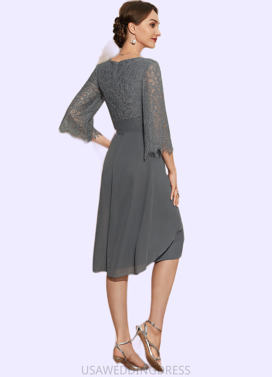 Violet Sheath/Column V-neck Knee-Length Chiffon Lace Mother of the Bride Dress With Beading Cascading Ruffles DS126P0014930